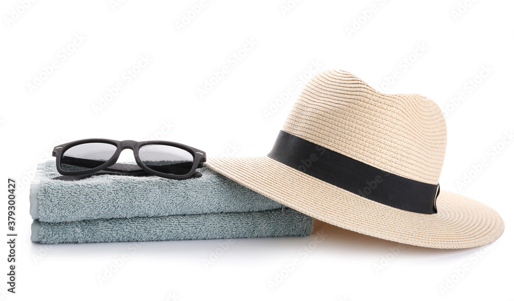 Set of beach accessories on white background