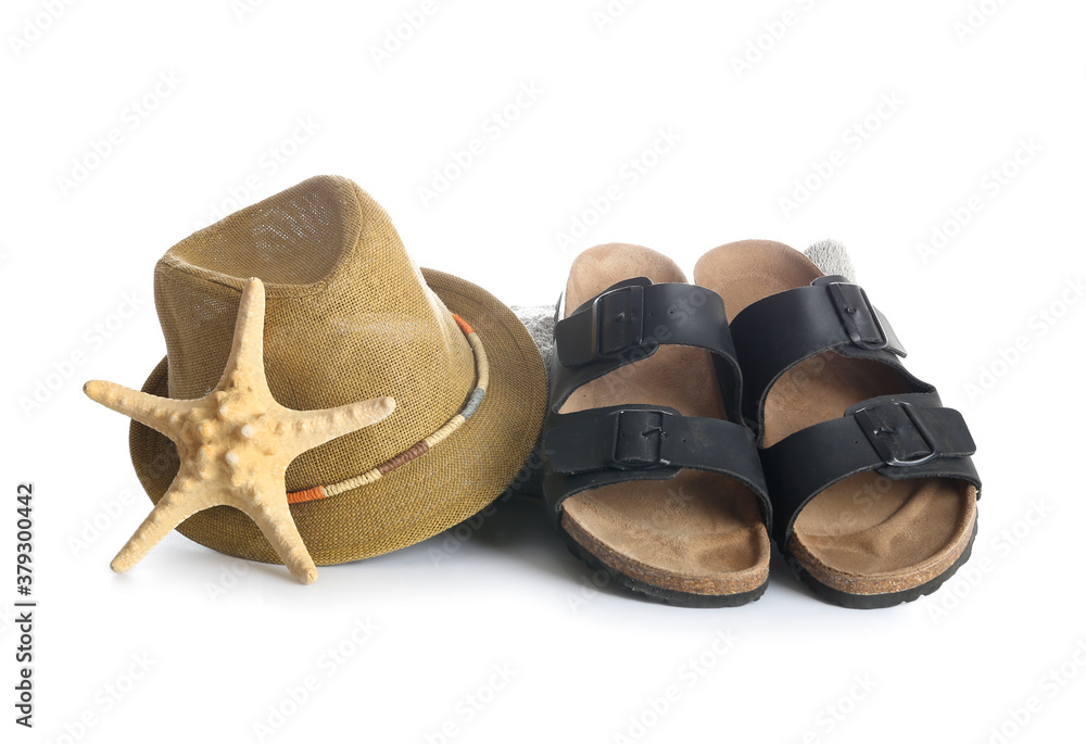 Set of beach accessories on white background