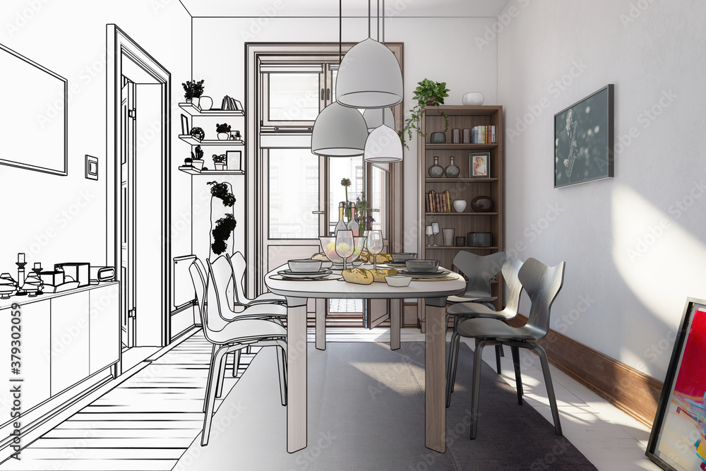 Modern Dinning Room Inside a Fresh Renovated Building (draft) - 3d visualization