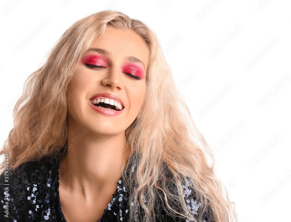 Young woman with beautiful eyeshadows on white background