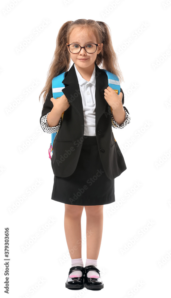 Little schoolgirl on white background