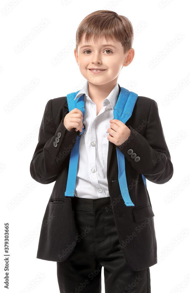 Little schoolboy on white background