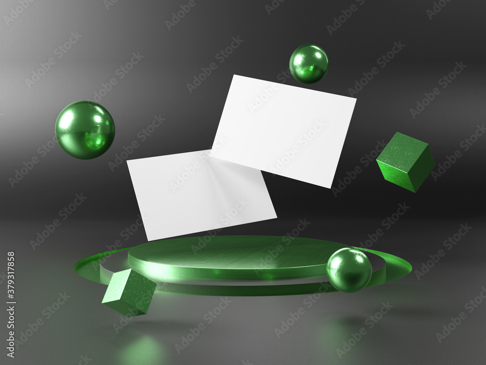 Floating business cards on stage podium Mockup. Template of international calling cards on pedestral