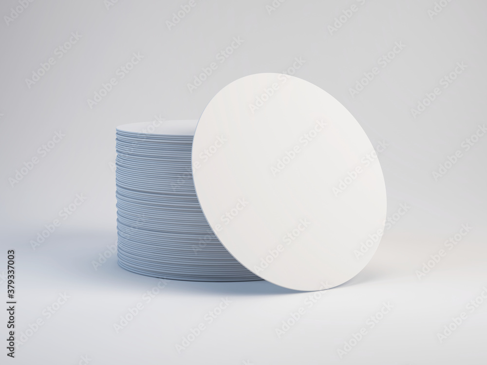 Blank white round beer coasters. Mockup template for branding . 3d rendering