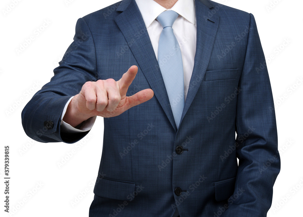 Businessman in suit touch at something isolated on white