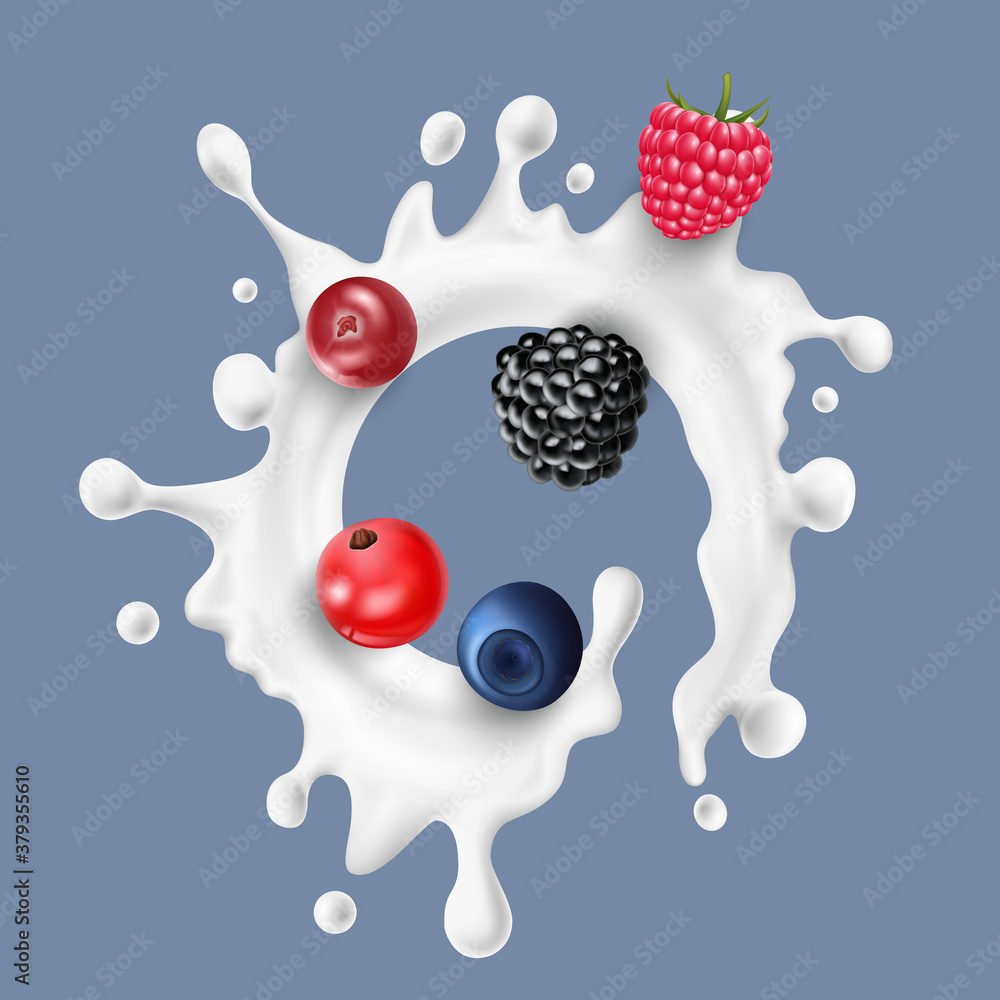 Realistic Detailed 3d Raw Berries with Milk Splash. Vector