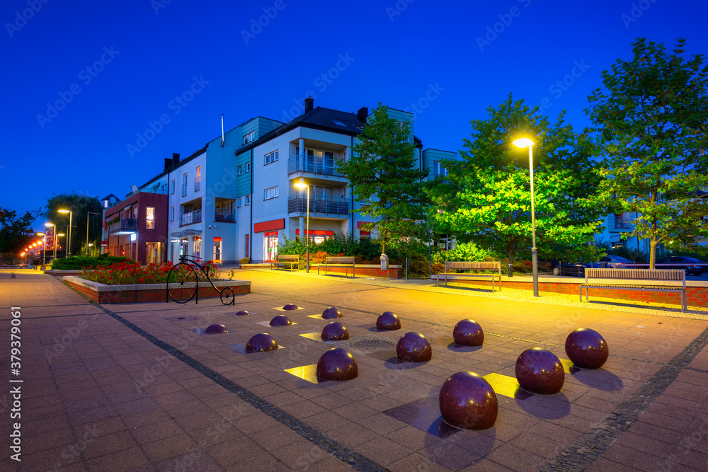 Scenery of city center in Pruszcz Gdanski at night, Poland.