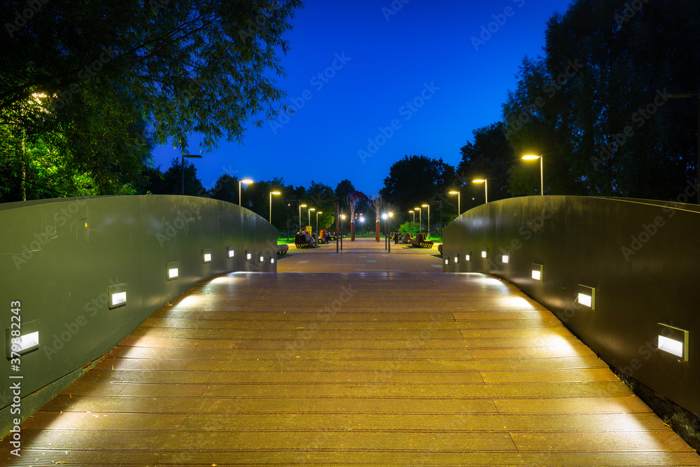 Scenery of the park in Pruszcz Gdanski at night, Poland.