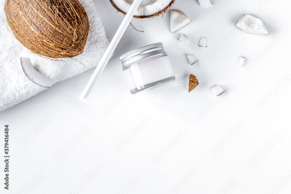 organic cosmetics with coconut on white background top view mockup