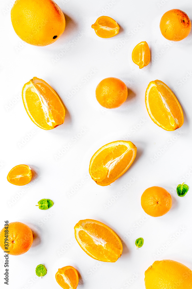 fresh orange fruit on white background top view pattern