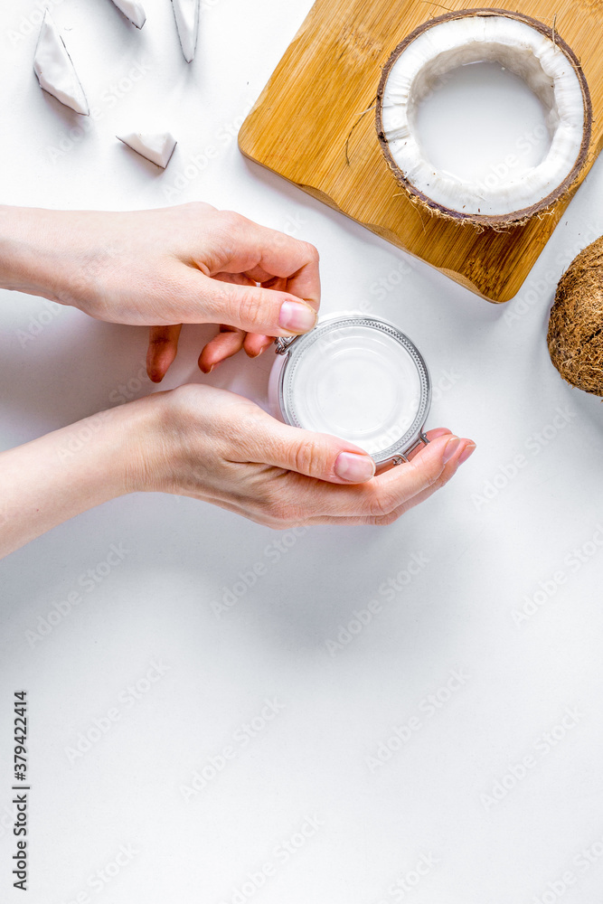 organic cosmetics with coconut on white background top view mockup