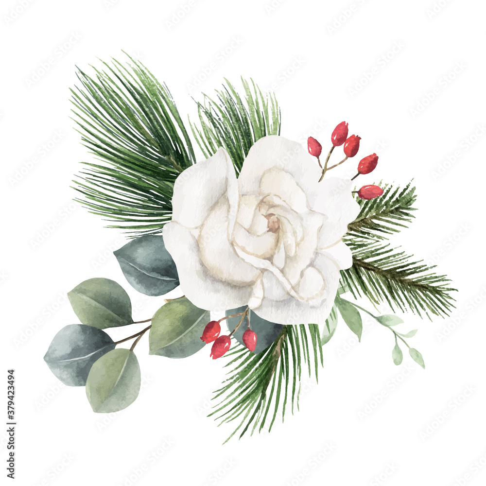 Watercolor vector Christmas bouquet with fir branches and flowers.