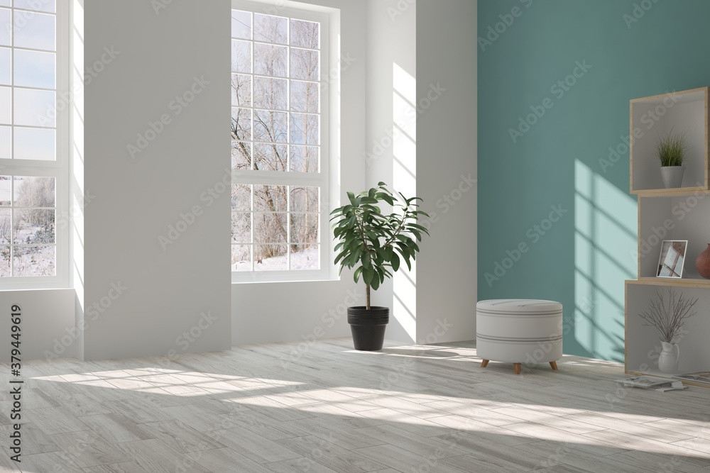 White empty room with winter landscape in window. Scandinavian interior design. 3D illustration