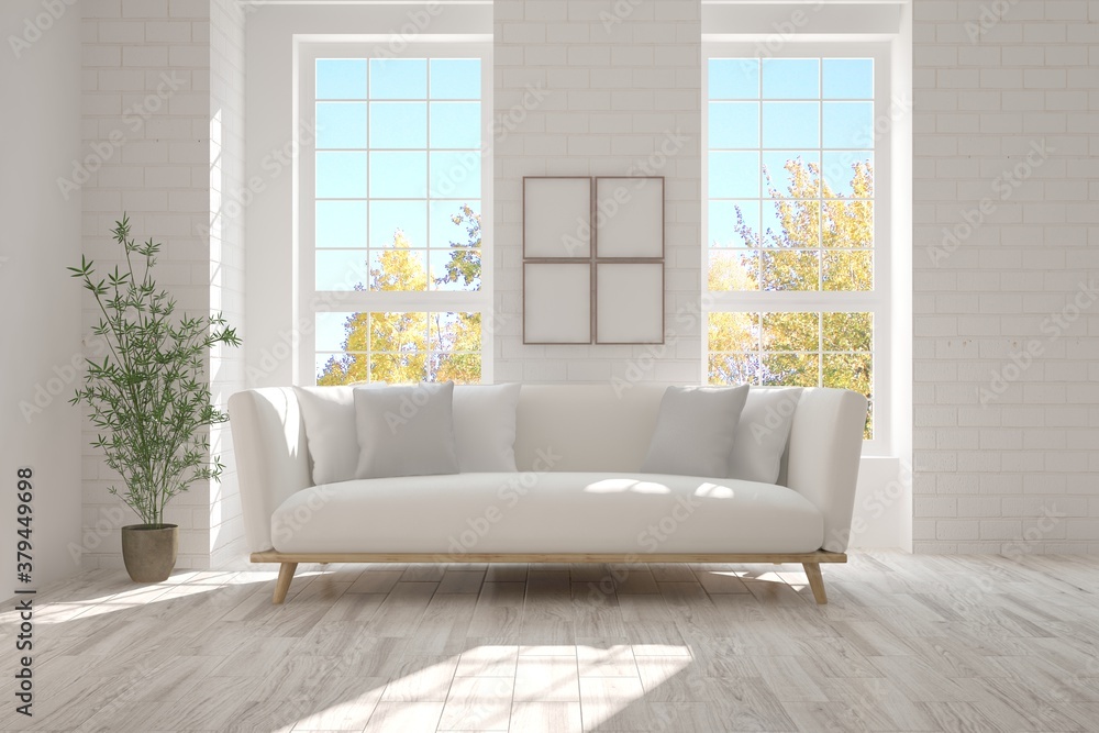 White room with sofa and autumn landscape in window. Scandinavian interior design. 3D illustration