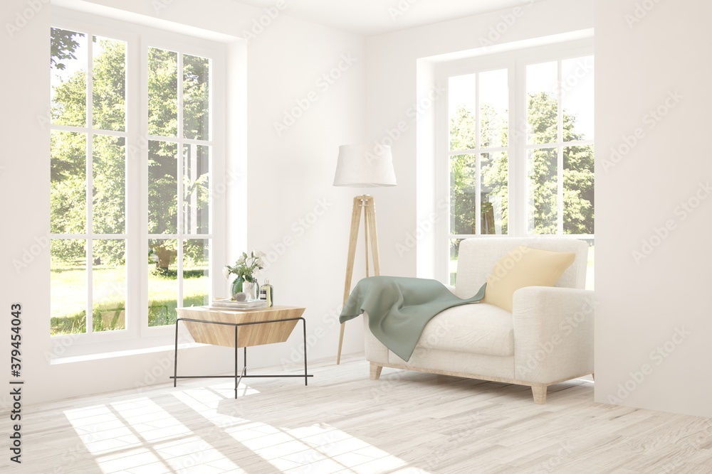 Idea of white room with armchair and summer landscape in window. Scandinavian interior design. 3D il