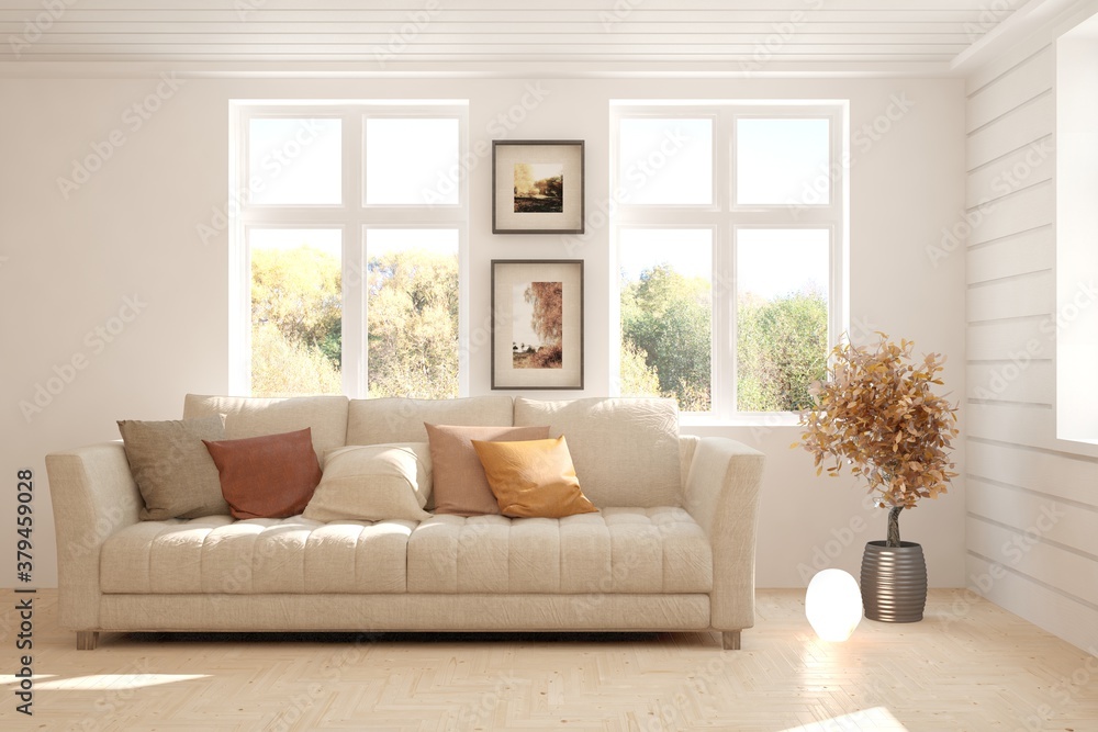 White room with sofa and autumn landscape in window. Scandinavian interior design. 3D illustration