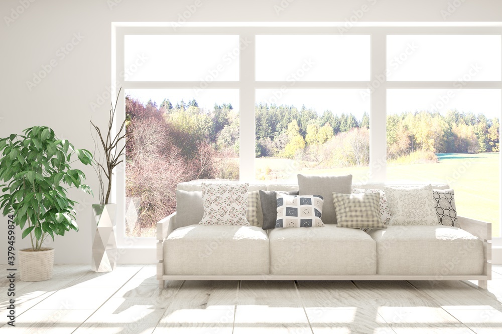 White room with sofa and autumn landscape in window. Scandinavian interior design. 3D illustration