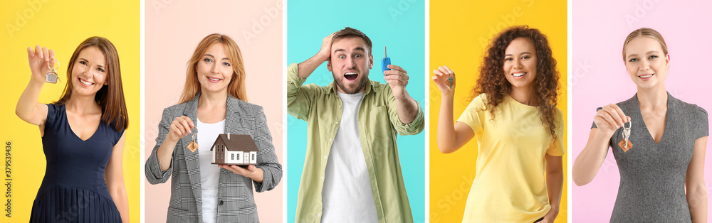 Set with different people holding keys on color background