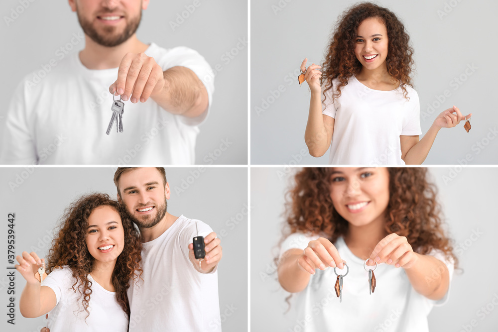 Set with young couple holding keys on light background