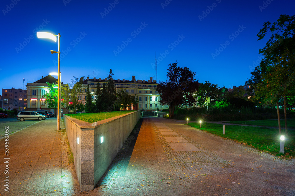 Park at the starosty building in Pruszcz Gdanski at night, Poland.