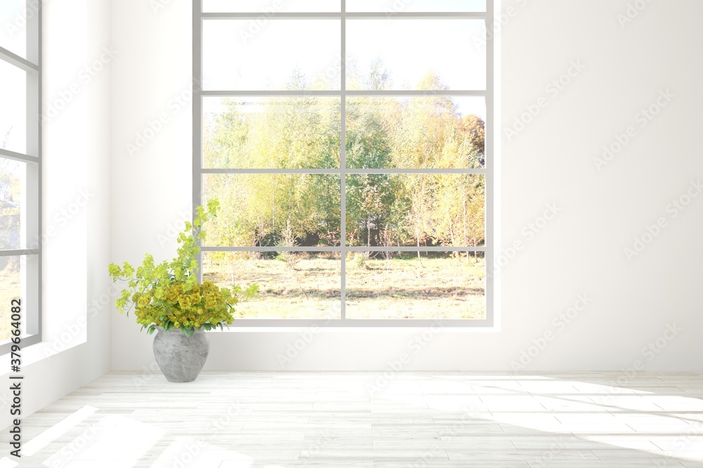 Stylish empty room in white color with autumn landscape in window. Scandinavian interior design. 3D 