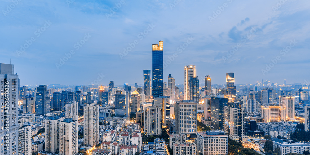 Skyline night view of high-rise buildings in Nanjing, Jiangsu, China