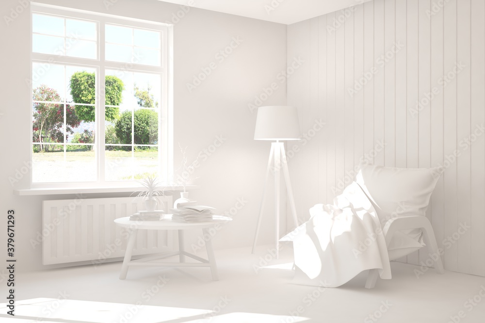 Mock up of stylish room in white color with armchair. Scandinavian interior design. 3D illustration