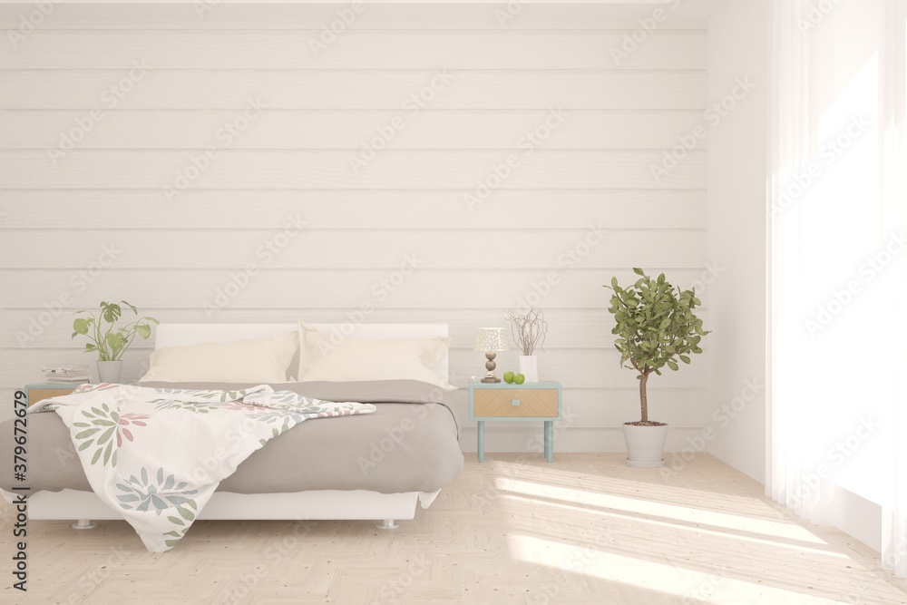 White bedroom interior. Scandinavian design. 3D illustration