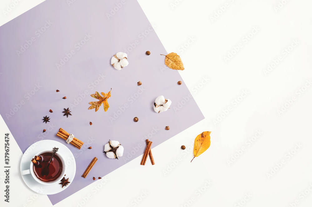 Black tea with cinnamon sticks and star anise - overhead view