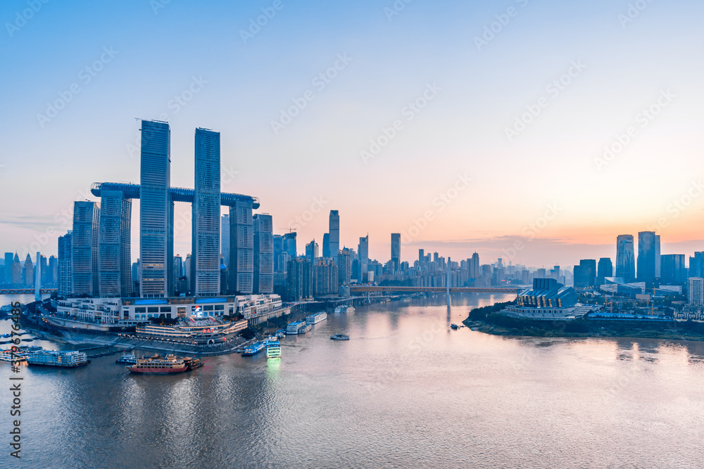 Scenery of high-rise buildings along Chaotianmen in Chongqing, China and Chongqing Grand Theater