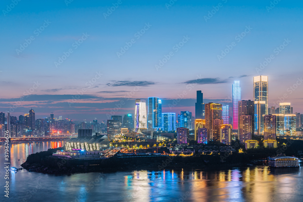 High angle close-up of Chongqing Grand Theater and tall buildings in China