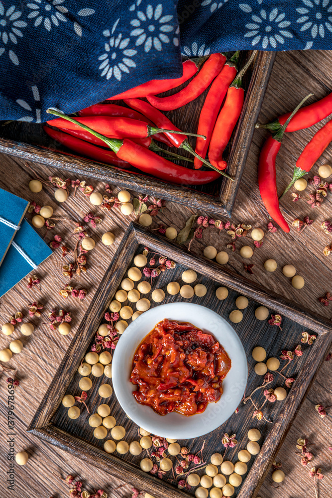 A dish of Pixian bean paste with chili, pepper and soybean