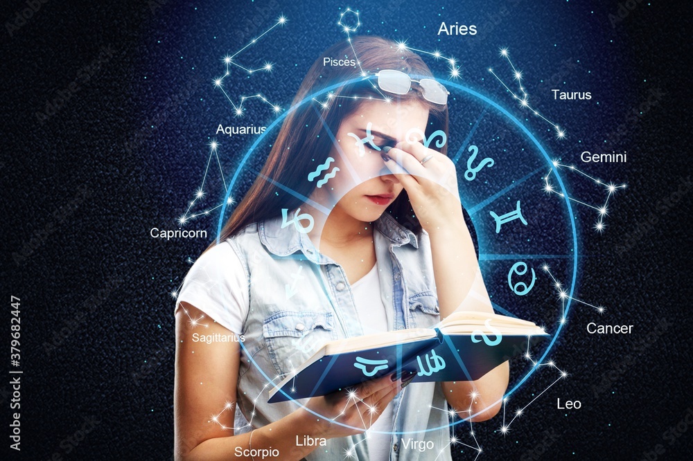 Horoscope astrology zodiac illustration with young girl