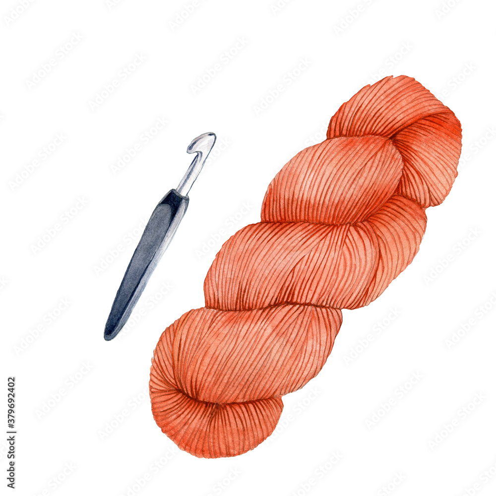 watercolor drawing clip art a skein of yarn for knitting and a crochet hook. cute drawing in autumn 