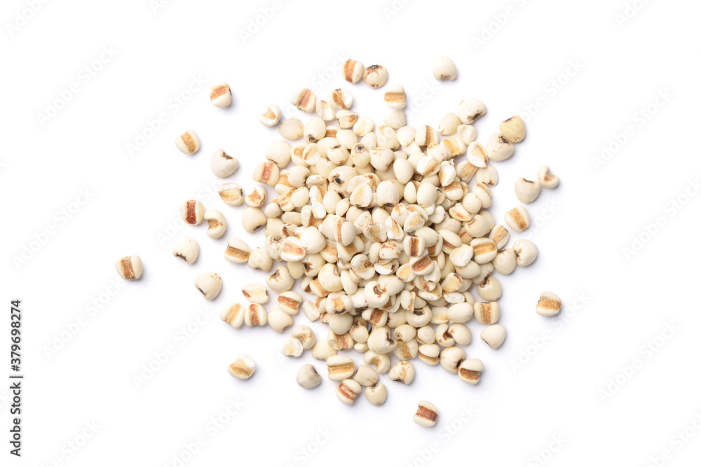 Flat lay (top view) pile of Jobs tears ( Adlay millet) isolated on white background.