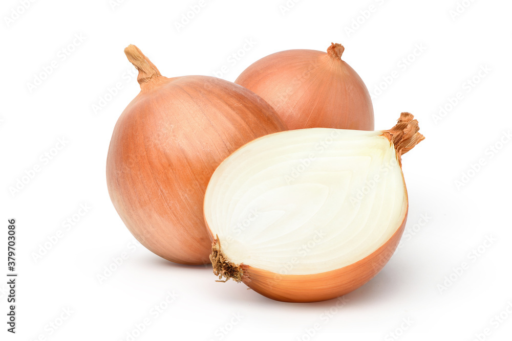 Fresh bulbs of onion with cut in half isolated on white background