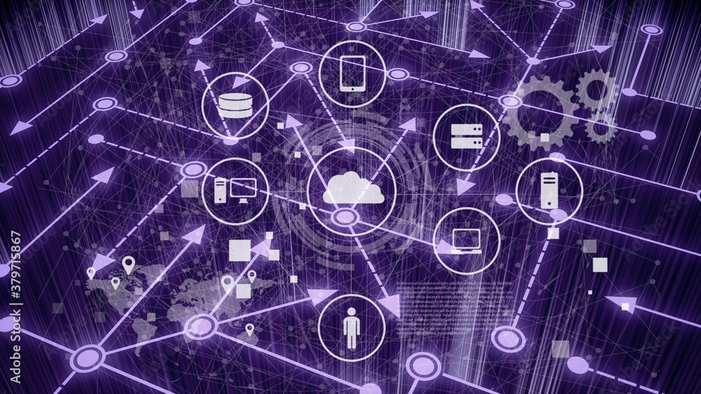 Working data center server room with media illustrations