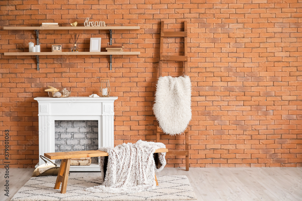 Modern fireplace with shelves in interior of room