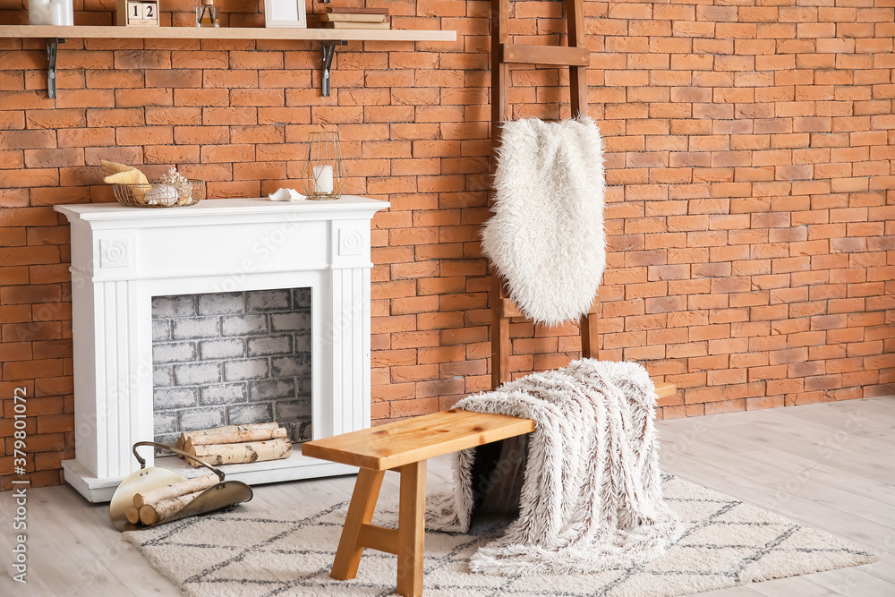 Interior of modern room with fireplace