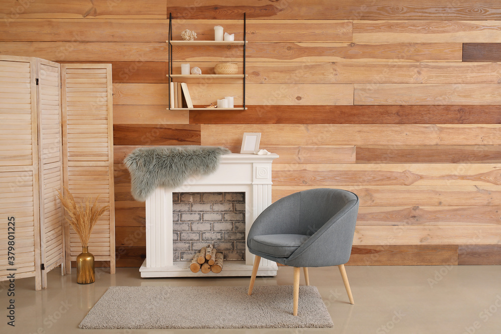 Interior of modern room with fireplace