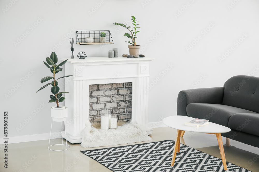 Interior of modern room with fireplace