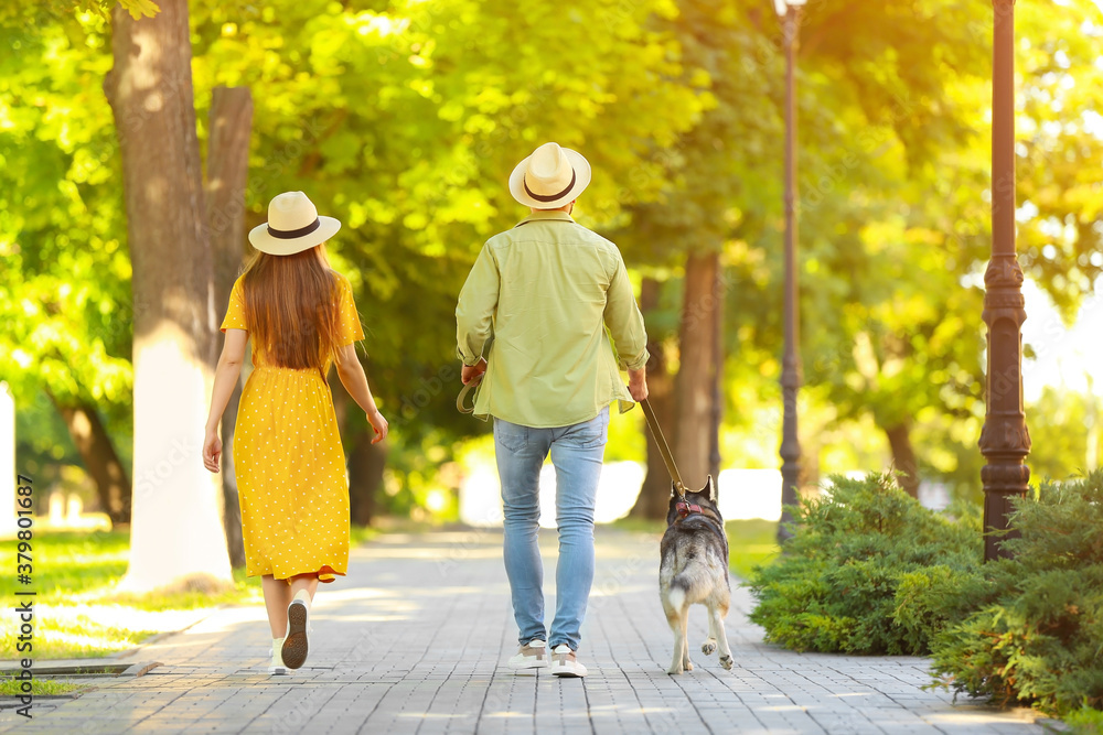 Young couple with cute Husky dog in park