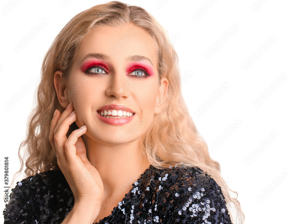 Young woman with beautiful eyeshadows on white background