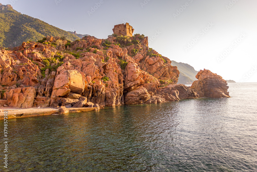 Sunset in the marina of Porto, Corsica, France