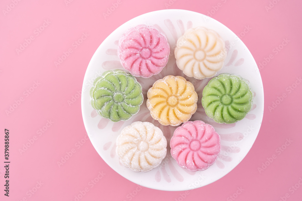 Colorful snow skin moon cake, sweet snowy mooncake, traditional savory dessert for Mid-Autumn Festiv