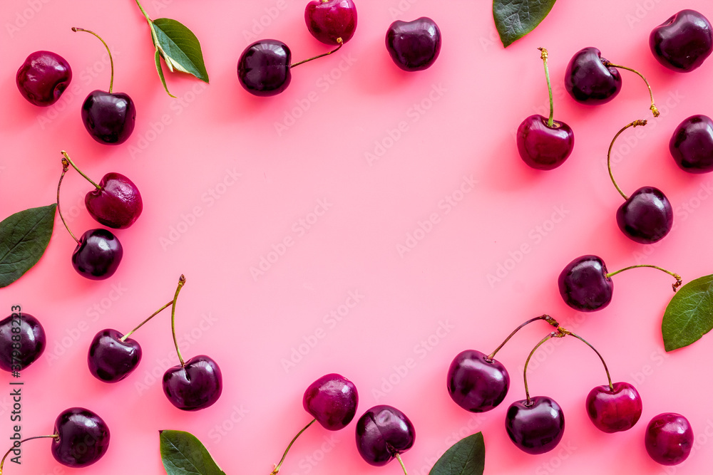 Frame of red cherries, berries background. Overhead view