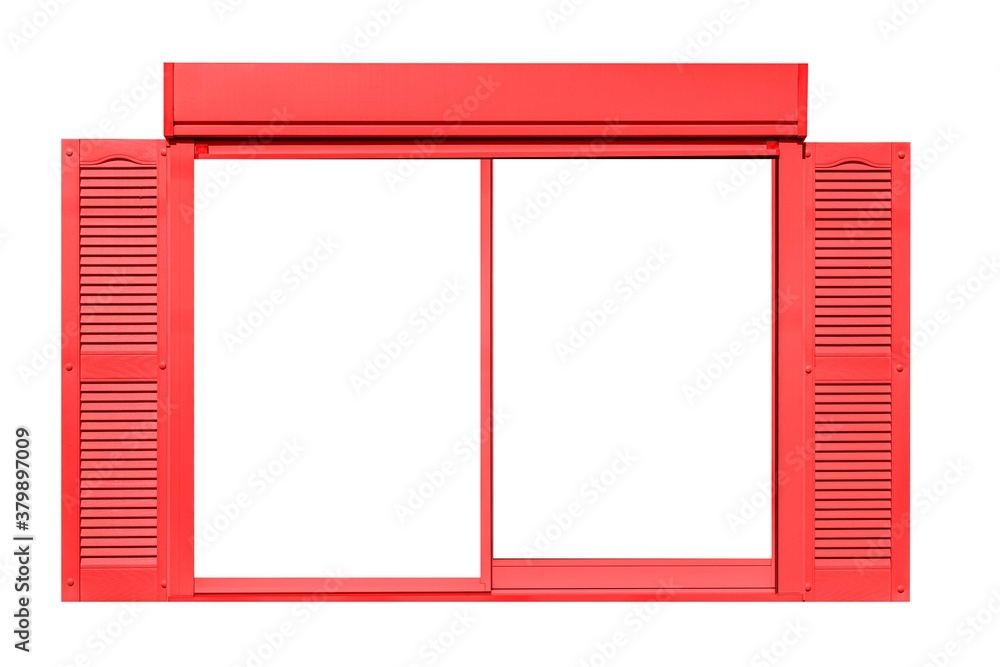 European style red wooden window frame isolated on a white background