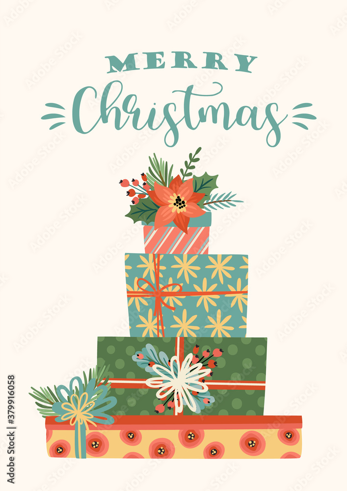 Christmas and Happy New Year illustration of christmas gifts. Vector design template.