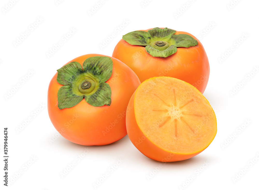 Persimmon fruit with cut in half isolated on white background. clipping path.