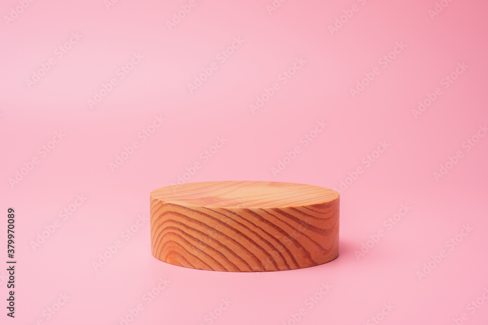 wooden podium stage isolated on pink background for use show product concept minimal with copy space